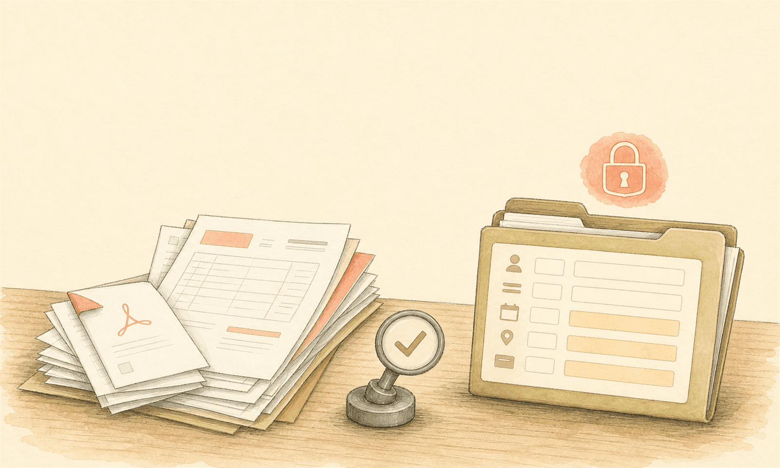 Sketch of a private document processing workflow with a stack of forms, a verification stamp, and an extracted-fields folder behind a privacy lock
