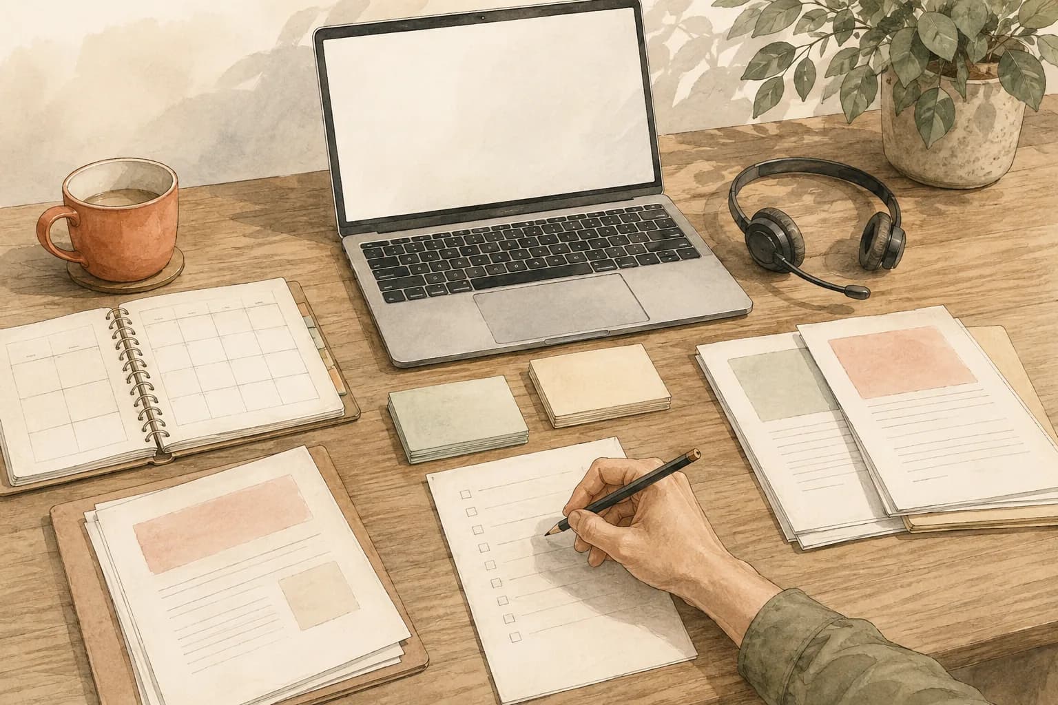 Illustration of a business desk with a laptop, appointment planner, headset and documents being reviewed.