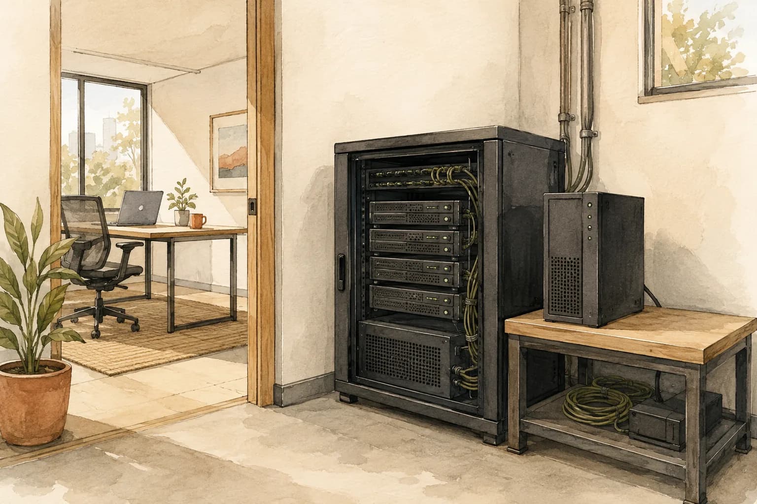 Illustration of a compact private server cabinet and tower beside an office workspace.