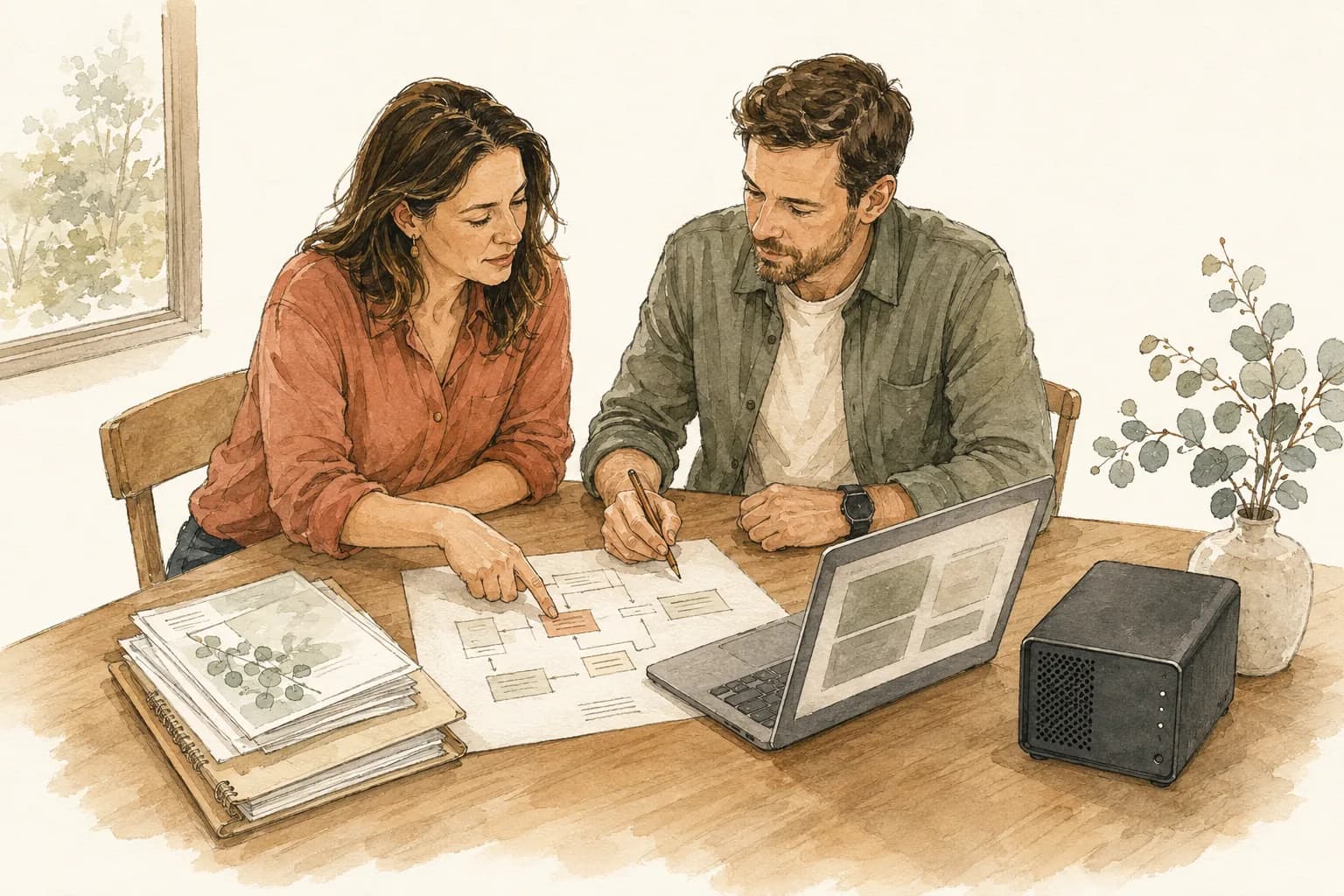 Illustration of a business owner and builder shaping a workflow together, with documents, a laptop and private hardware.